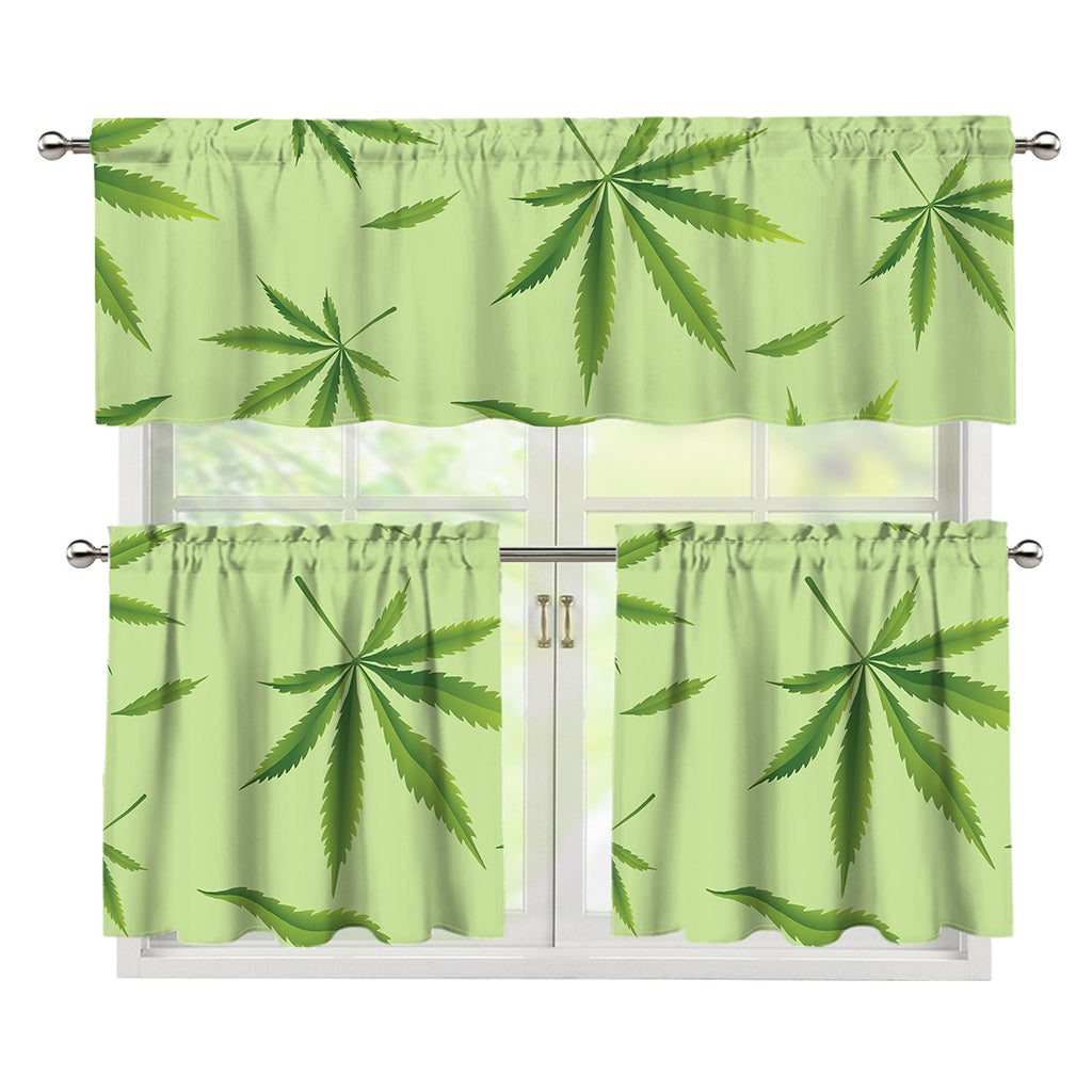Green Hemp Leaves Pattern Print 3 Piece Kitchen Curtains