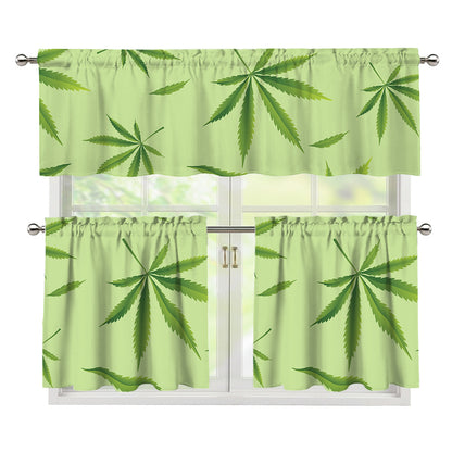 Green Hemp Leaves Pattern Print 3 Piece Kitchen Curtains
