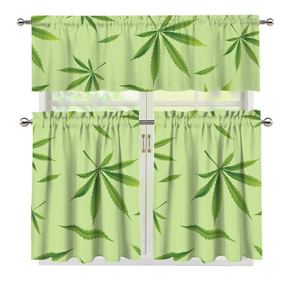 Green Hemp Leaves Pattern Print 3 Piece Kitchen Curtains