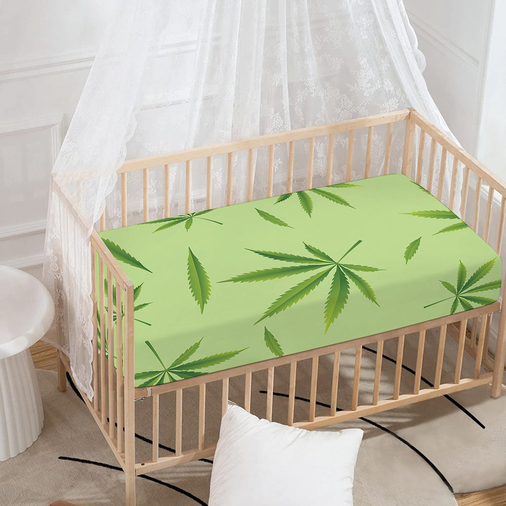 Green Hemp Leaves Pattern Print Baby Crib Sheet