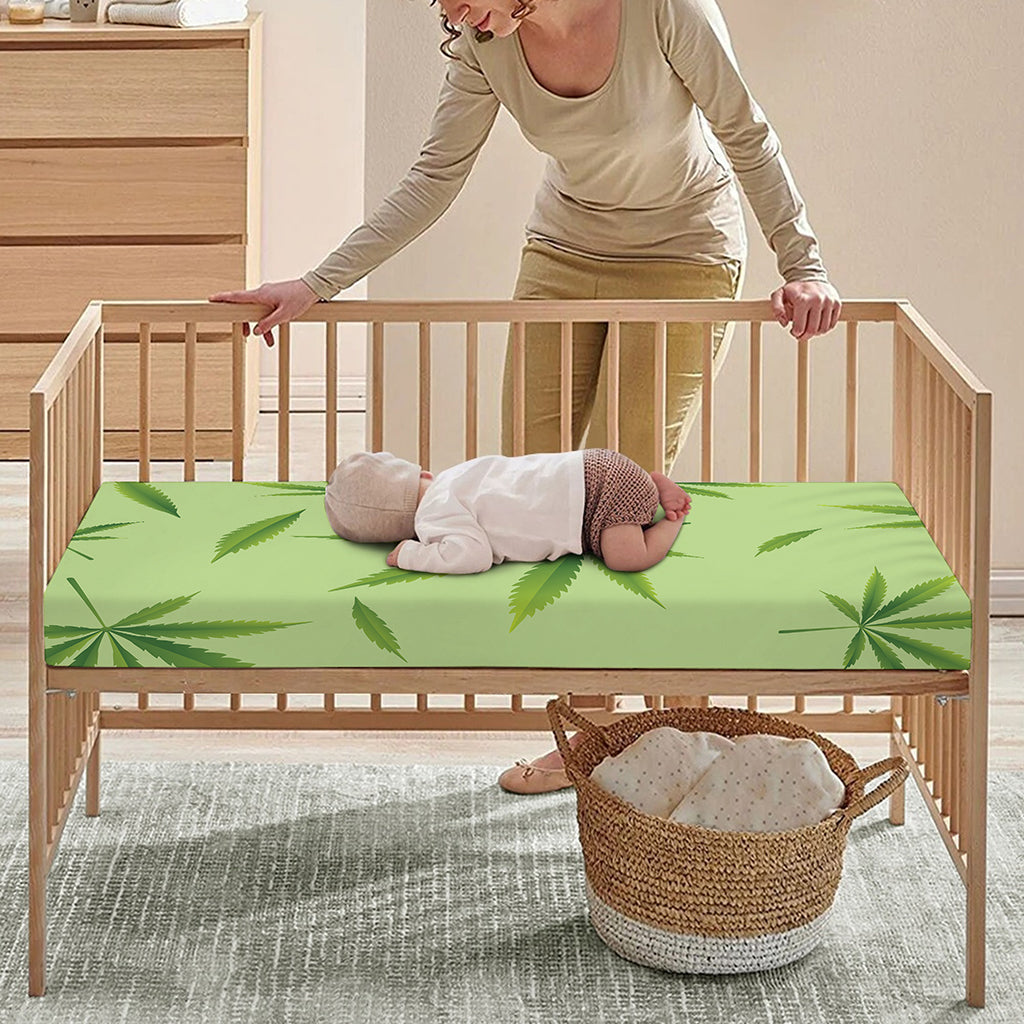 Green Hemp Leaves Pattern Print Baby Crib Sheet