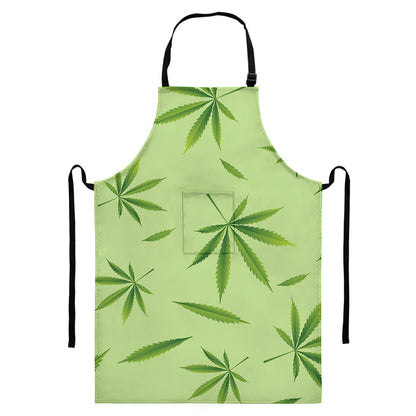 Green Hemp Leaves Pattern Print Bib Apron With Pocket