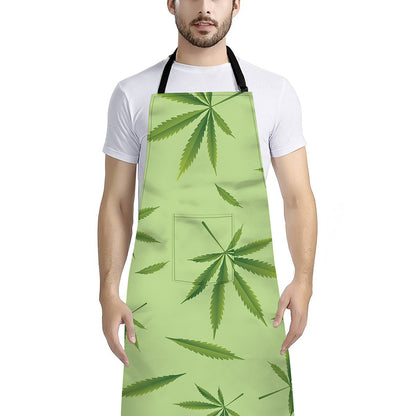 Green Hemp Leaves Pattern Print Bib Apron With Pocket