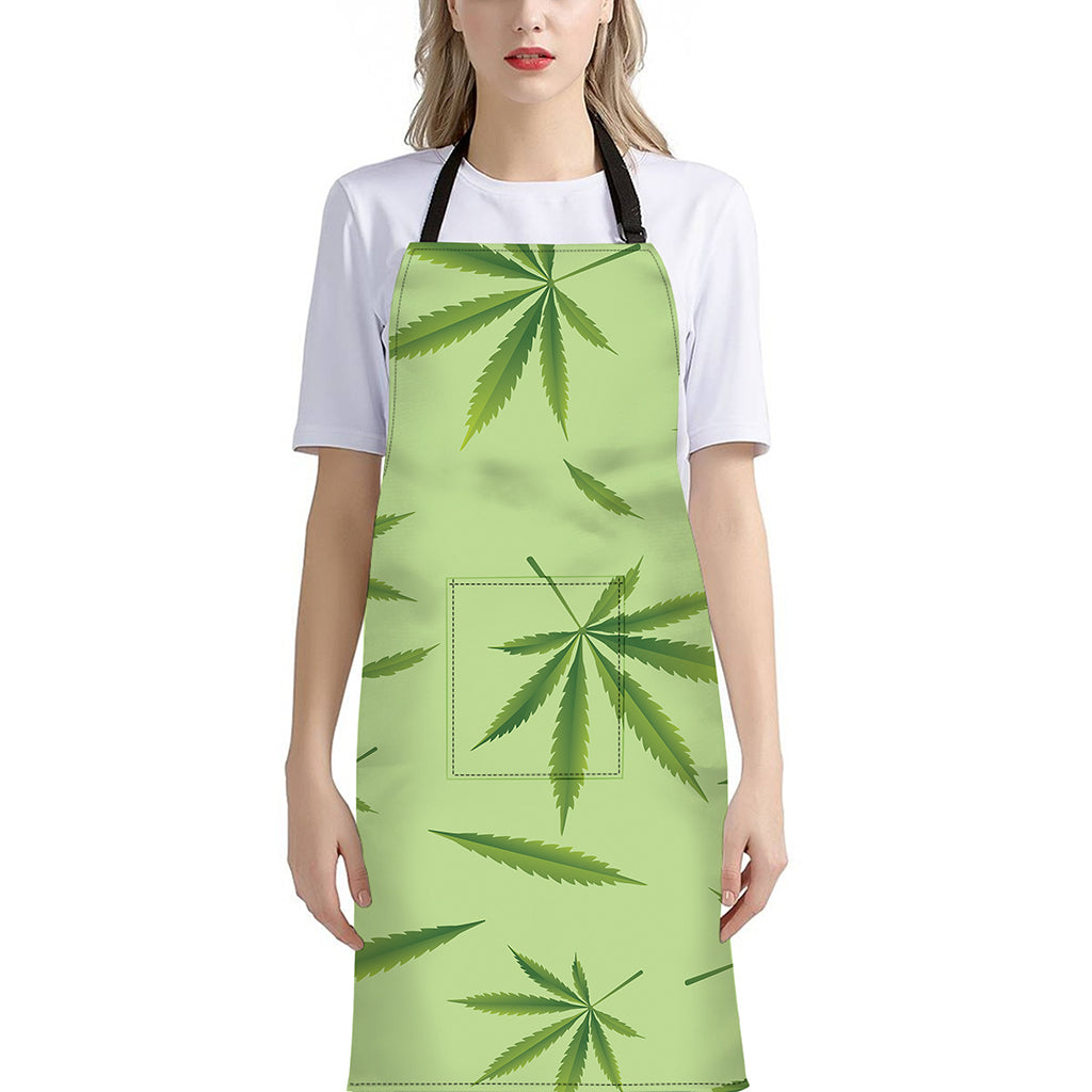 Green Hemp Leaves Pattern Print Bib Apron With Pocket