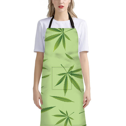 Green Hemp Leaves Pattern Print Bib Apron With Pocket