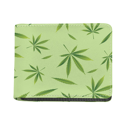 Green Hemp Leaves Pattern Print Bifold Wallet