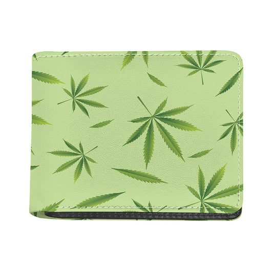 Green Hemp Leaves Pattern Print Bifold Wallet