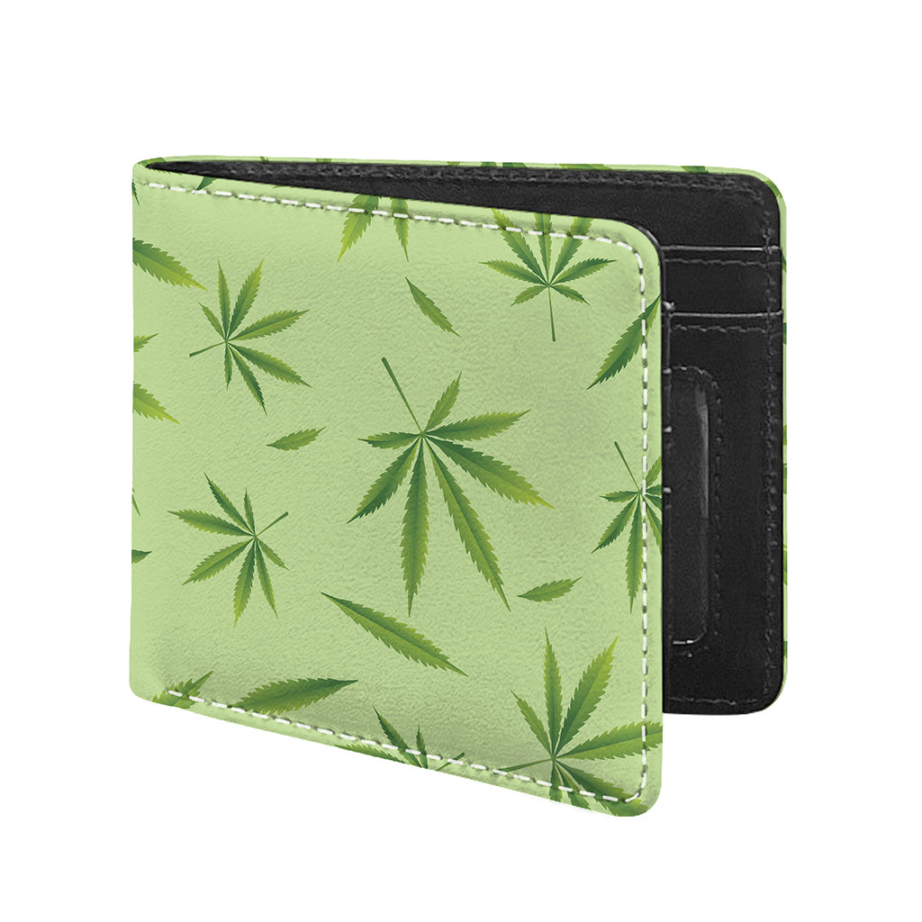 Green Hemp Leaves Pattern Print Bifold Wallet