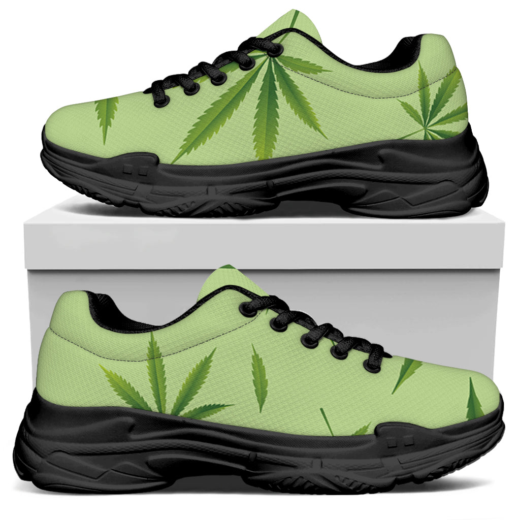 Green Hemp Leaves Pattern Print Black Chunky Shoes