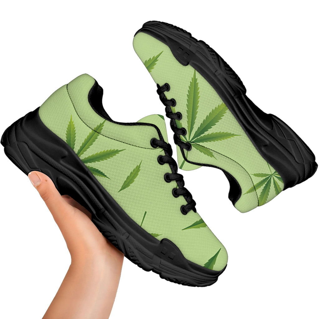 Green Hemp Leaves Pattern Print Black Chunky Shoes