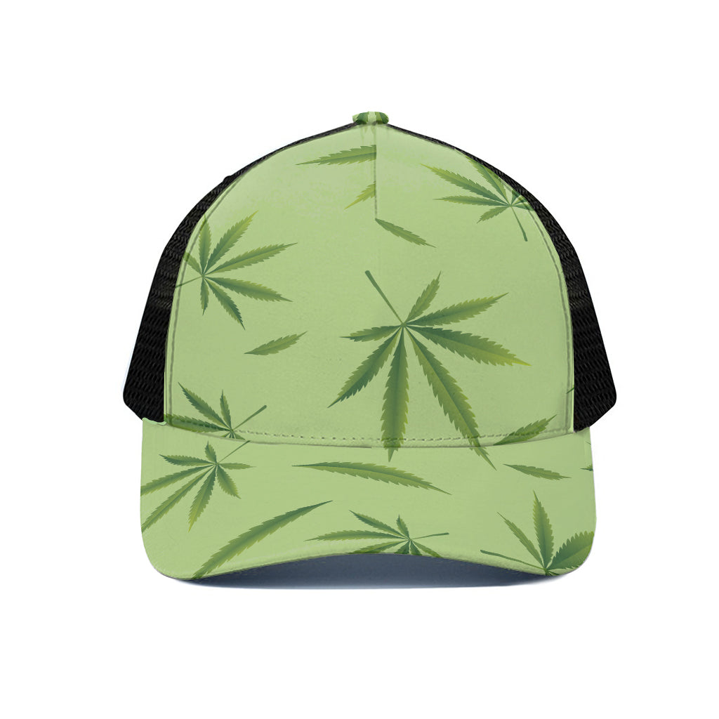 Green Hemp Leaves Pattern Print Black Mesh Trucker Cap