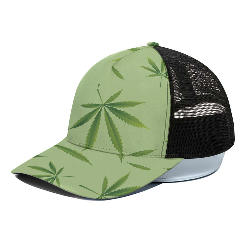 Green Hemp Leaves Pattern Print Black Mesh Trucker Cap