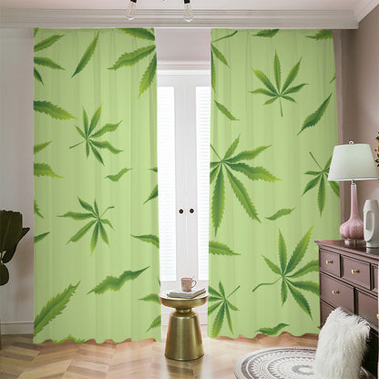 Green Hemp Leaves Pattern Print Blackout Pencil Pleat Curtains