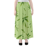 Green Hemp Leaves Pattern Print Chiffon Maxi Skirt
