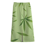 Green Hemp Leaves Pattern Print Cotton Front Slit Maxi Skirt