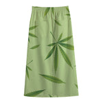Green Hemp Leaves Pattern Print Cotton Front Slit Maxi Skirt