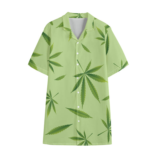Green Hemp Leaves Pattern Print Cotton Hawaiian Shirt
