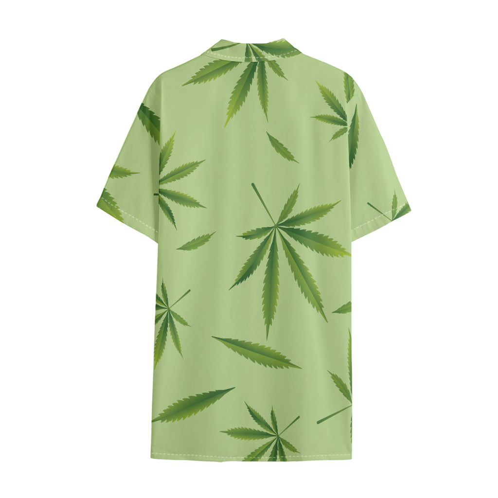 Green Hemp Leaves Pattern Print Cotton Hawaiian Shirt
