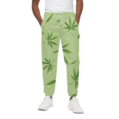 Green Hemp Leaves Pattern Print Cotton Pants