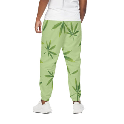 Green Hemp Leaves Pattern Print Cotton Pants