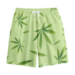 Green Hemp Leaves Pattern Print Cotton Shorts