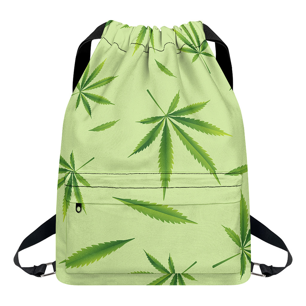 Green Hemp Leaves Pattern Print Drawstring Backpack