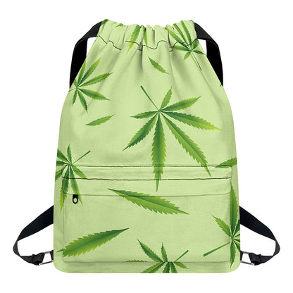 Green Hemp Leaves Pattern Print Drawstring Backpack