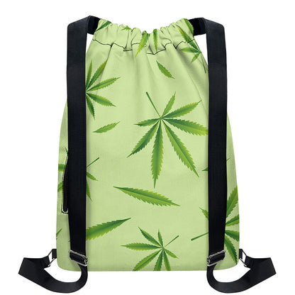 Green Hemp Leaves Pattern Print Drawstring Backpack