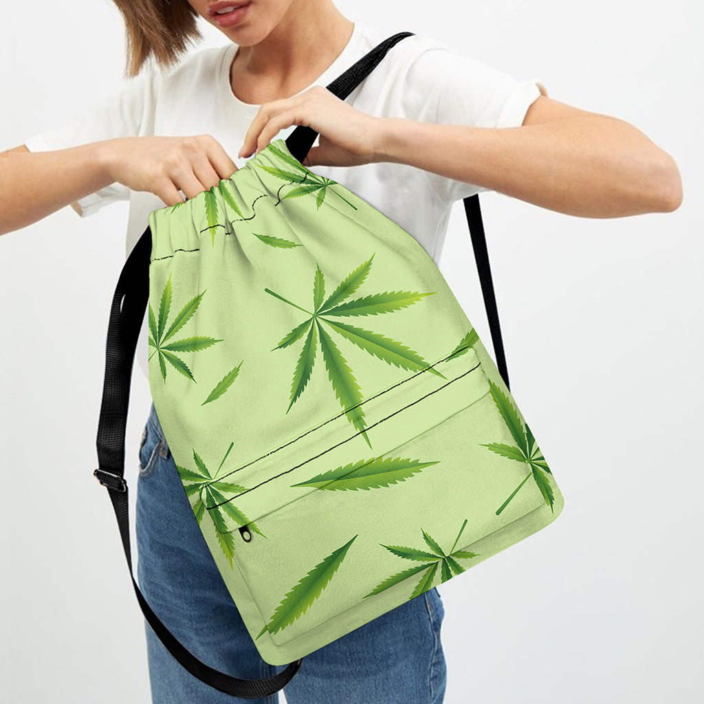 Green Hemp Leaves Pattern Print Drawstring Backpack