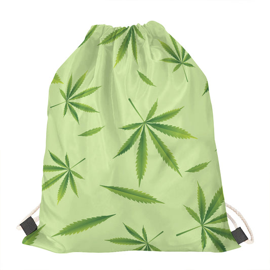 Green Hemp Leaves Pattern Print Drawstring Bag