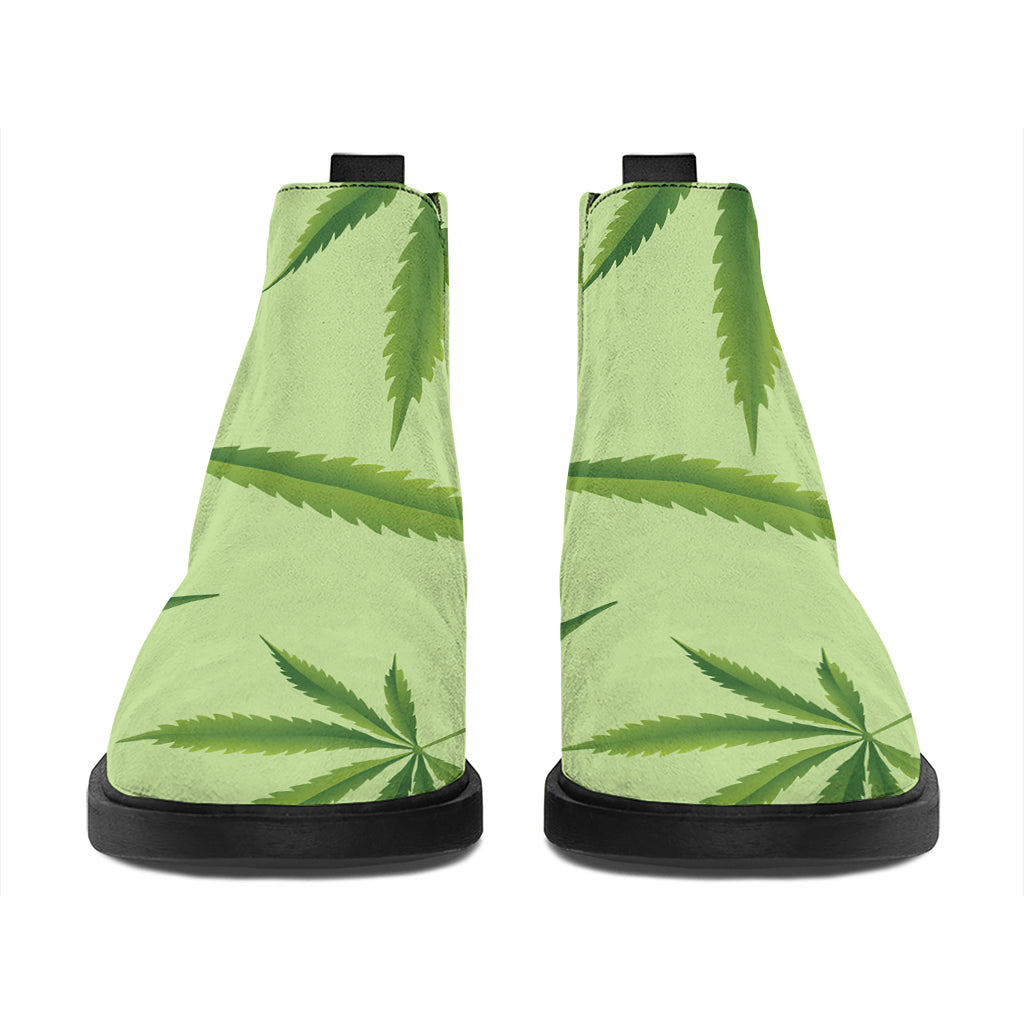 Green Hemp Leaves Pattern Print Flat Ankle Boots