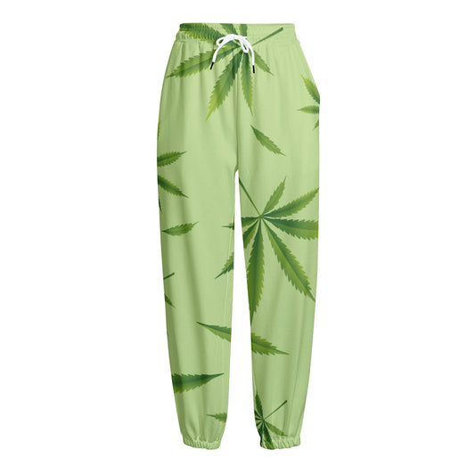 Green Hemp Leaves Pattern Print Fleece Lined Knit Pants
