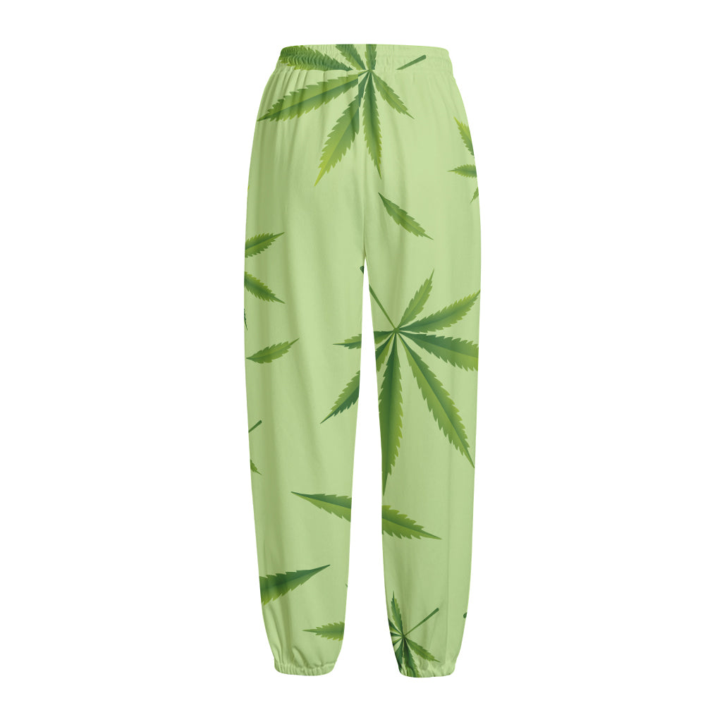 Green Hemp Leaves Pattern Print Fleece Lined Knit Pants