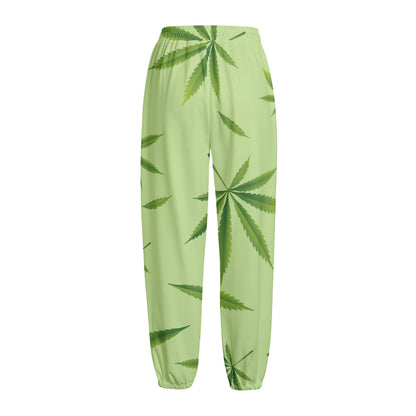 Green Hemp Leaves Pattern Print Fleece Lined Knit Pants