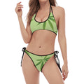 Green Hemp Leaves Pattern Print Halter Scoop Tie Side Bikini