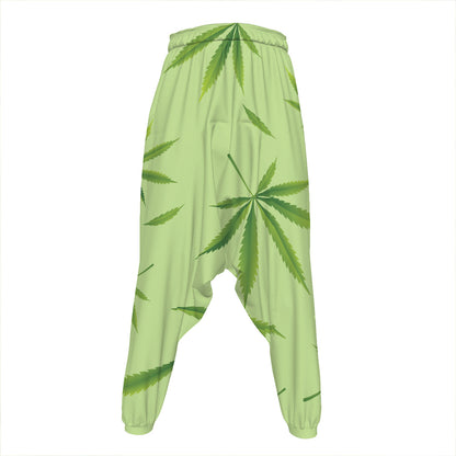 Green Hemp Leaves Pattern Print Hammer Pants