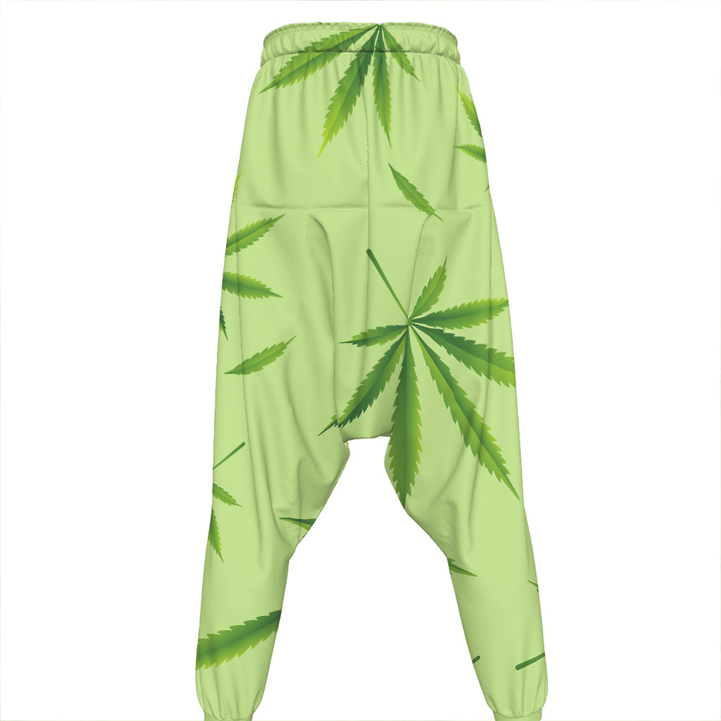 Green Hemp Leaves Pattern Print Hammer Pants