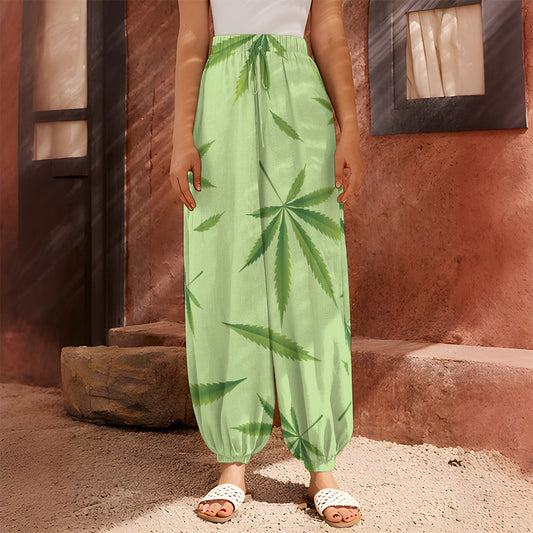 Green Hemp Leaves Pattern Print Harem Pants