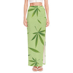Green Hemp Leaves Pattern Print High Slit Maxi Skirt