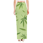 Green Hemp Leaves Pattern Print High Slit Maxi Skirt