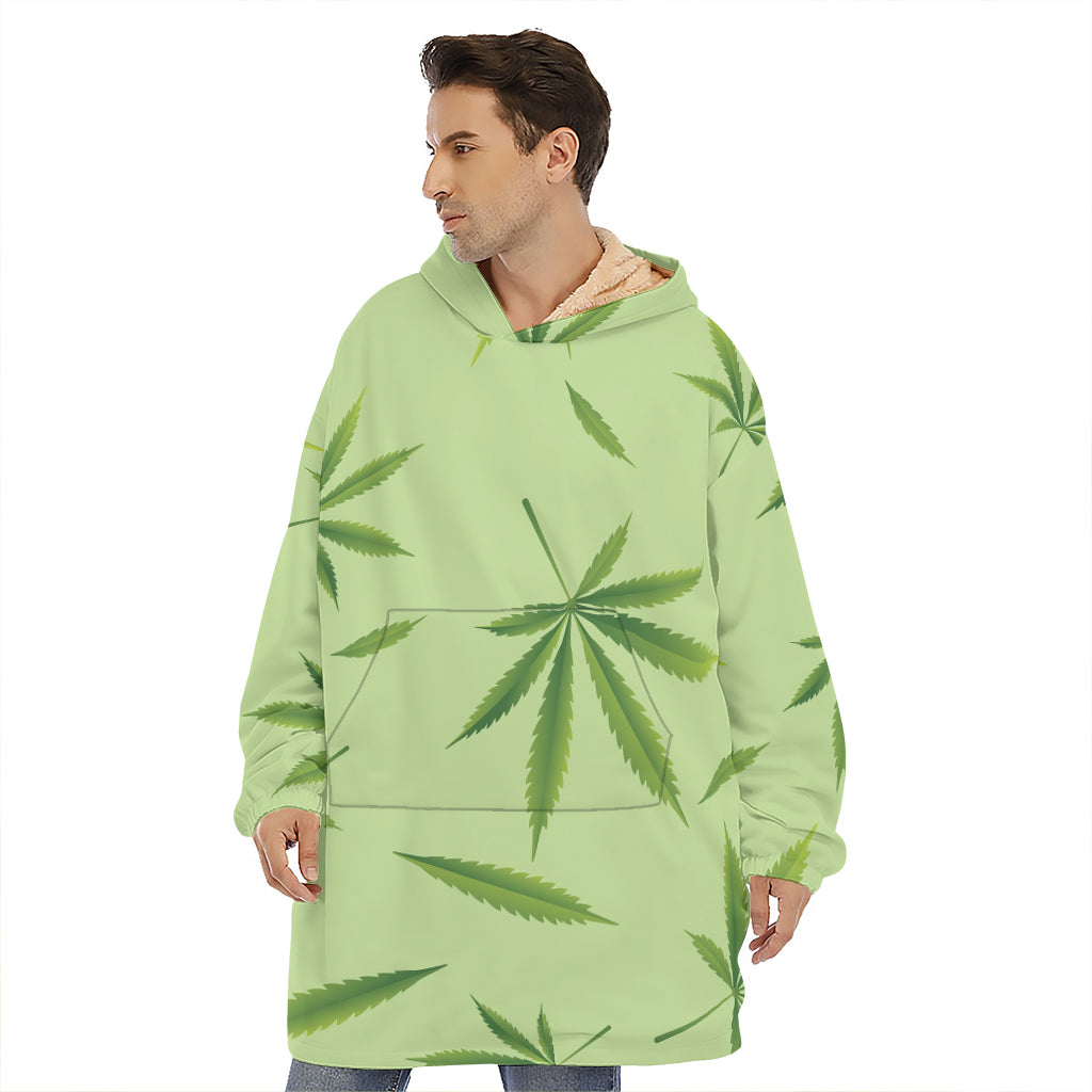 Green Hemp Leaves Pattern Print Hoodie Blanket