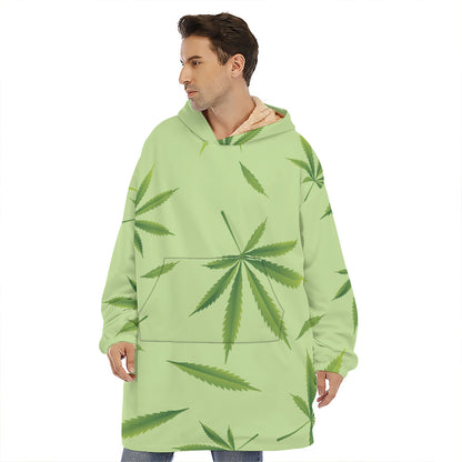 Green Hemp Leaves Pattern Print Hoodie Blanket