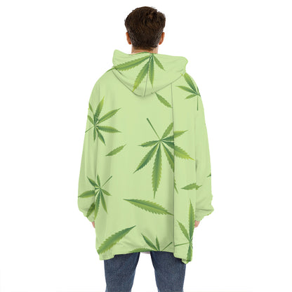 Green Hemp Leaves Pattern Print Hoodie Blanket