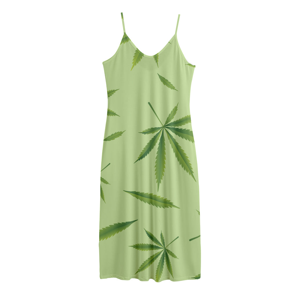 Green Hemp Leaves Pattern Print Jersey Midi Cami Dress