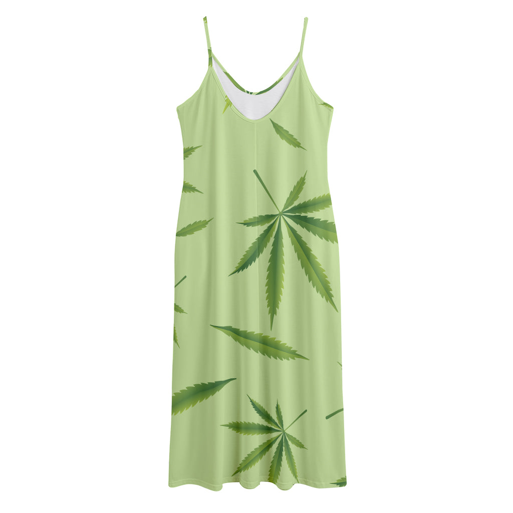 Green Hemp Leaves Pattern Print Jersey Midi Cami Dress
