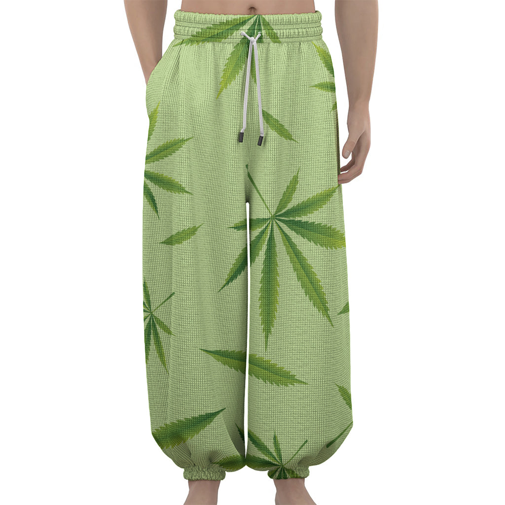 Green Hemp Leaves Pattern Print Lantern Pants