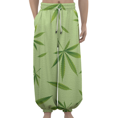 Green Hemp Leaves Pattern Print Lantern Pants