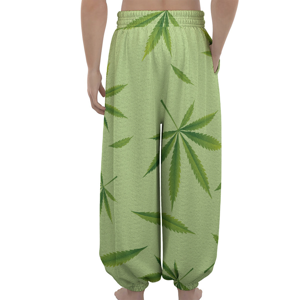 Green Hemp Leaves Pattern Print Lantern Pants