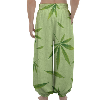 Green Hemp Leaves Pattern Print Lantern Pants