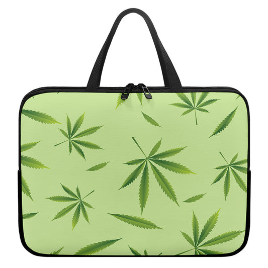 Green Hemp Leaves Pattern Print Laptop Sleeve With Handle